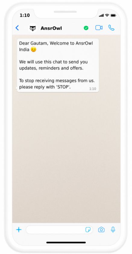 Automated Welcome message sent to user