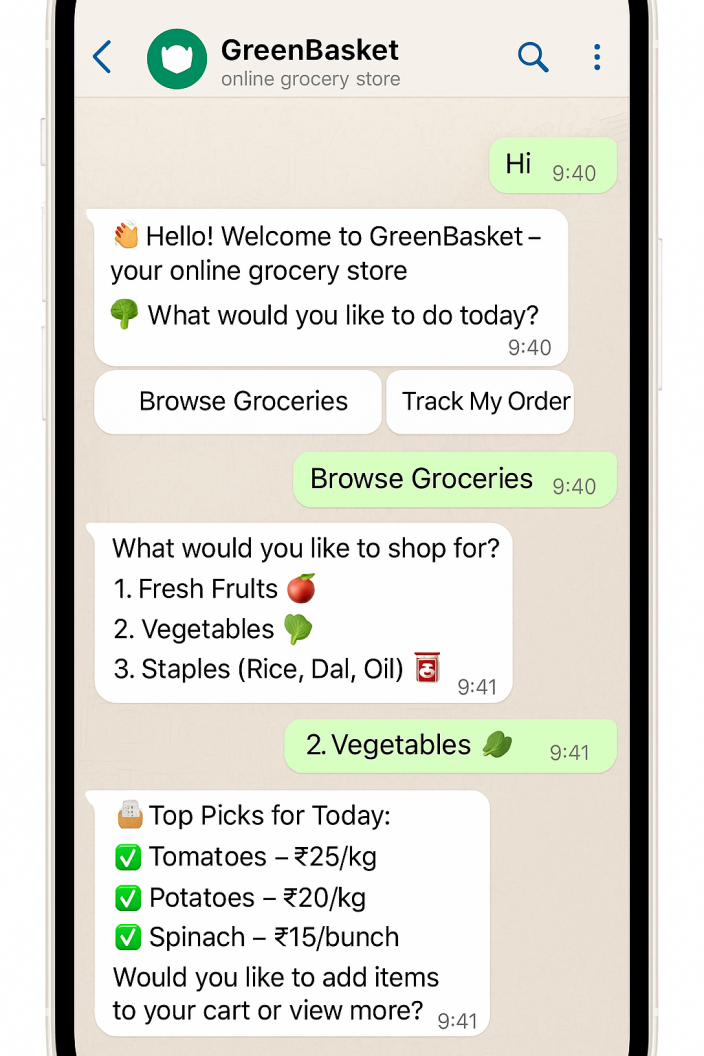 WhatsApp chatbot automatically greeting and assisting a customer