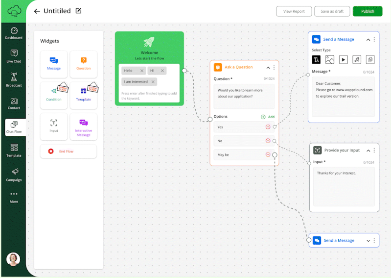 Drag-and-drop chatbot flow builder in WappCloud